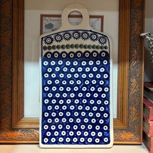 Polish Pottery Blue and White Ceramic Cutting/Serving Board with Handle